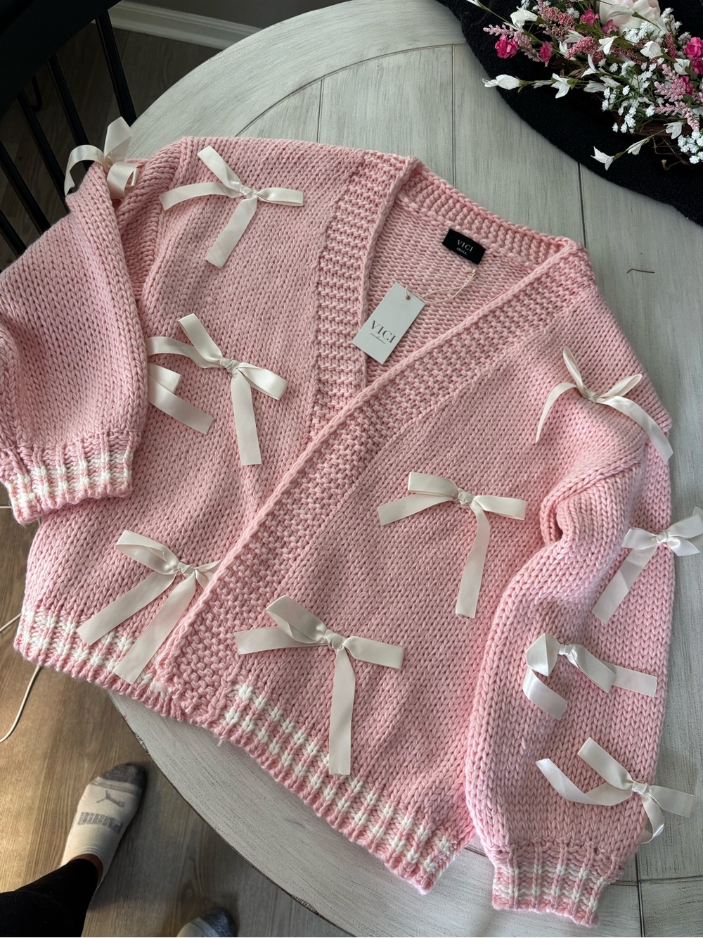 VICI Oversized Pink Chunky Knit Cardigan with Ribbon Bows